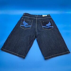 90s VTG Indigo Jeans Denim Shorts Blue Embroidered Logo Pockets Mens Size W40